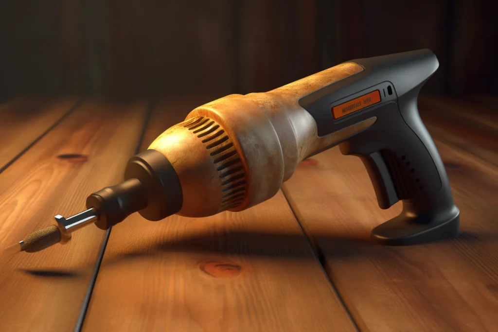 Décapeur thermique utilisé sur du bois pour enlever la peinture