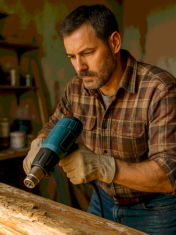 Patrick, gants de travail aux mains, décape une planche de bois au décapeur thermique dans son atelier