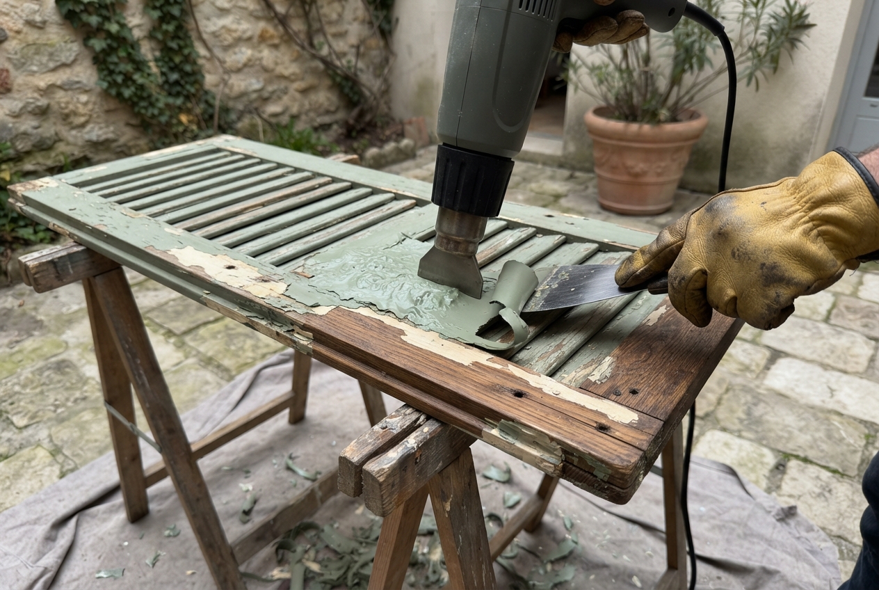 Peinture d'un volet en bois qui cloque sous le décapeur thermique, grattoir en action