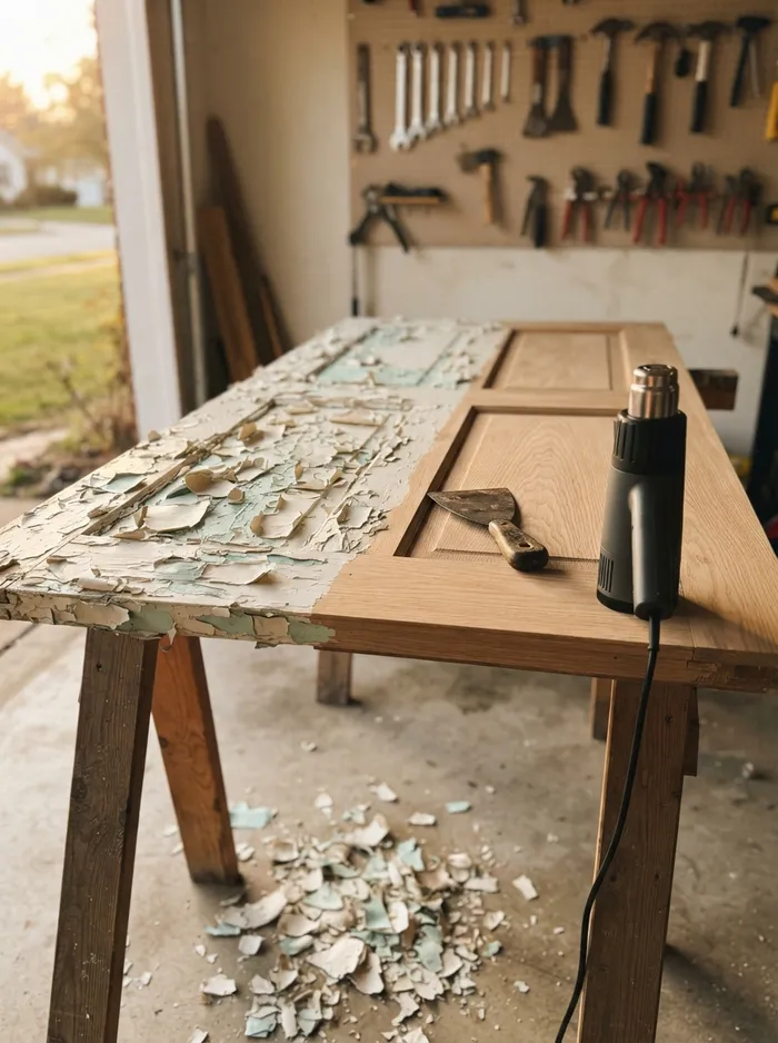 Vieille porte en bois à moitié décapée sur deux tréteaux, peinture cloquée d’un côté, bois nu de l’autre, décapeur thermique posé debout